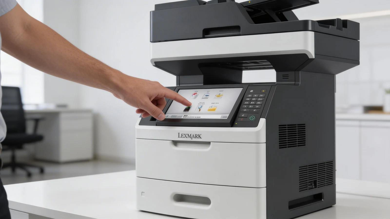 Detalle del panel táctil de una impresora multifuncional